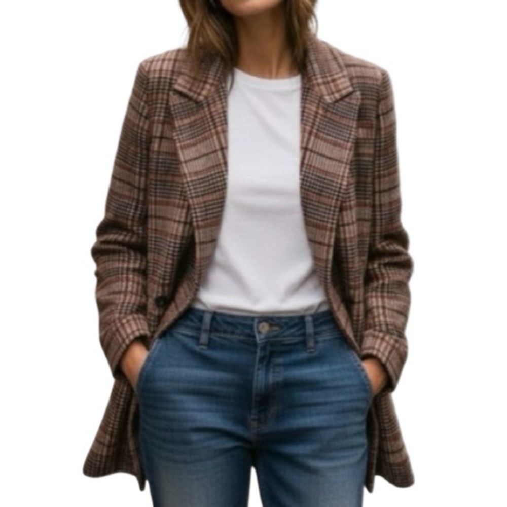 🍒NWT🍒 Avec Les Filles Oversized Double Breasted Plaid Blazer, Size Medium - Picture 2 of 10